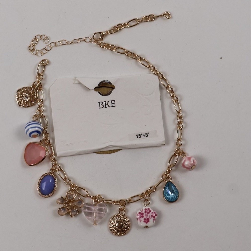 BKE Necklace Multi Charm Bead Gold Pink Blue Floral Heart OS NWT